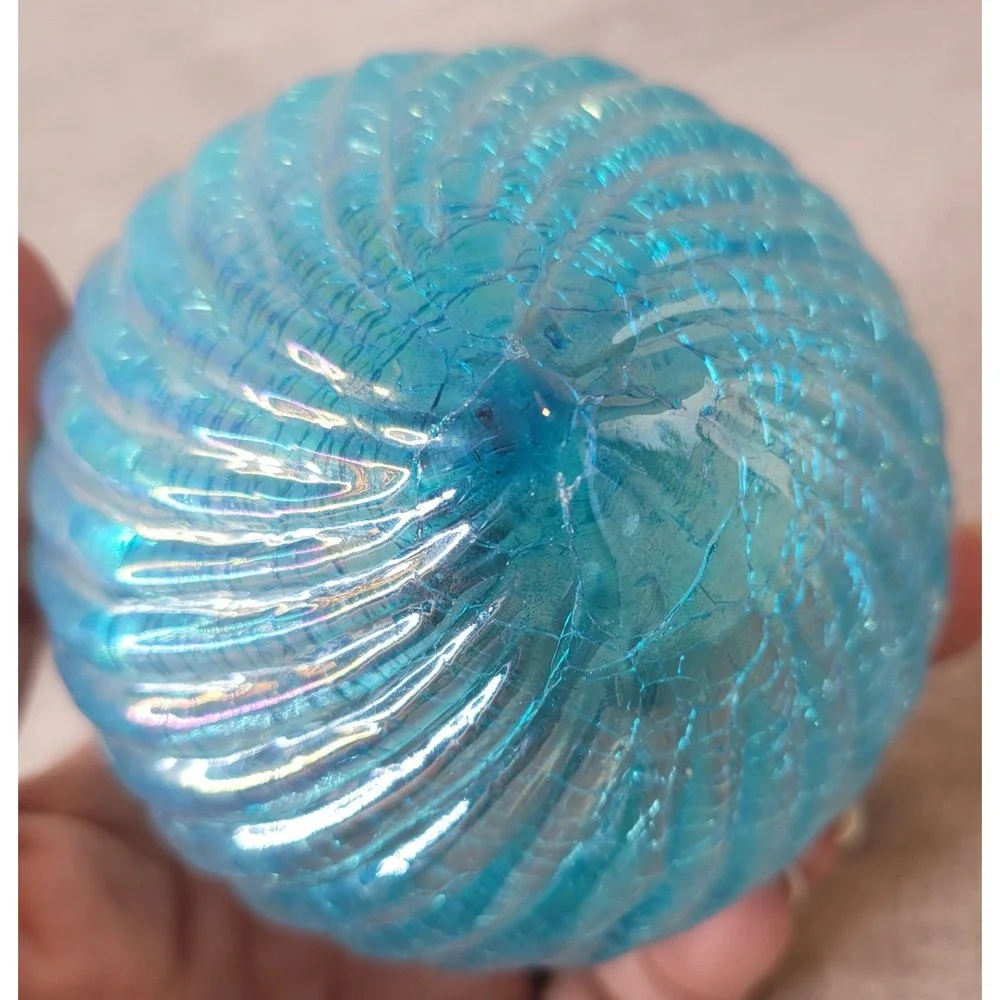 Vintage Hand Blown Iridescent Aqua Blue Art Glass Shell Christmas Ornament 3.5